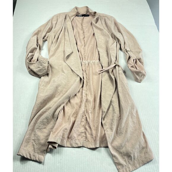 Zara Dusty Pink Drape Jacket M Belted Longline Utility Anorak Open Front Coat - Picture 1 of 10